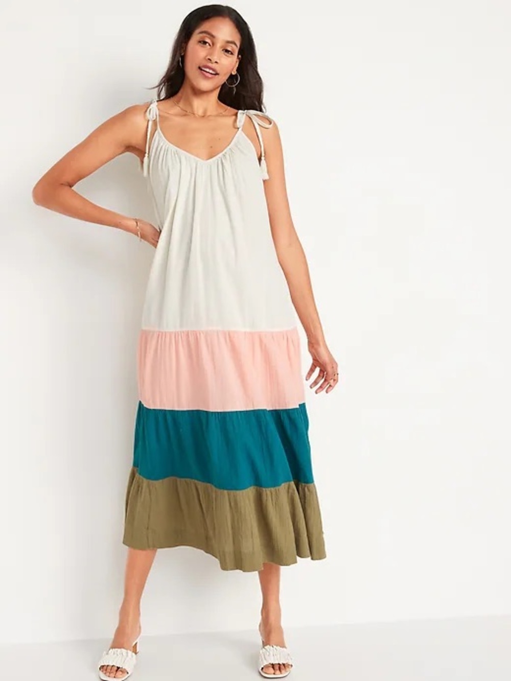 Old Navy 100% Cotton Tasseled Color Block Maxi Swing Dress Blue L